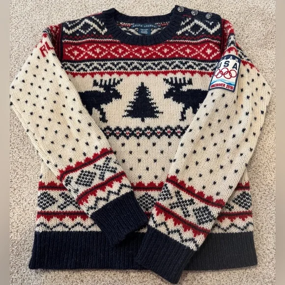 Vintage Ralph Lauren Holiday Christmas Fair Isle Red & Navy Olympics Sweater - Picture 1 of 16